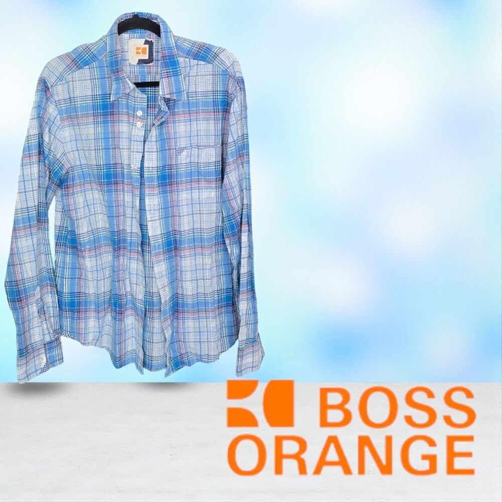Hugo Boss Orange Shirt Plaid Long Sleeve Button Up Mens Extra Large Slim Pockets
